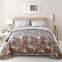 WONGS BEDDING Brown Floal Quilt Set Queen Size, 3 Pieces Bedspread Coverlet Set for All Season, Soft Microfiber Lightweight Floral Bedding Set Queen 96"x90"