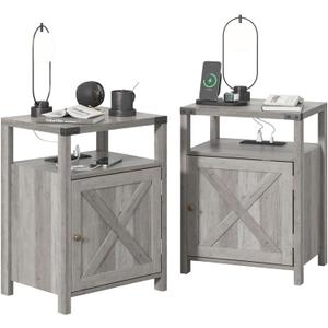 Fameill Nightstands Set of 2, Night Stand with Charging Station, Bed Side Table with Storage Cabinet, Farmhouse End Table for Living Room with USB Ports and Outlets, Gray, 15.75"D x 13.78"W x 23.62"H