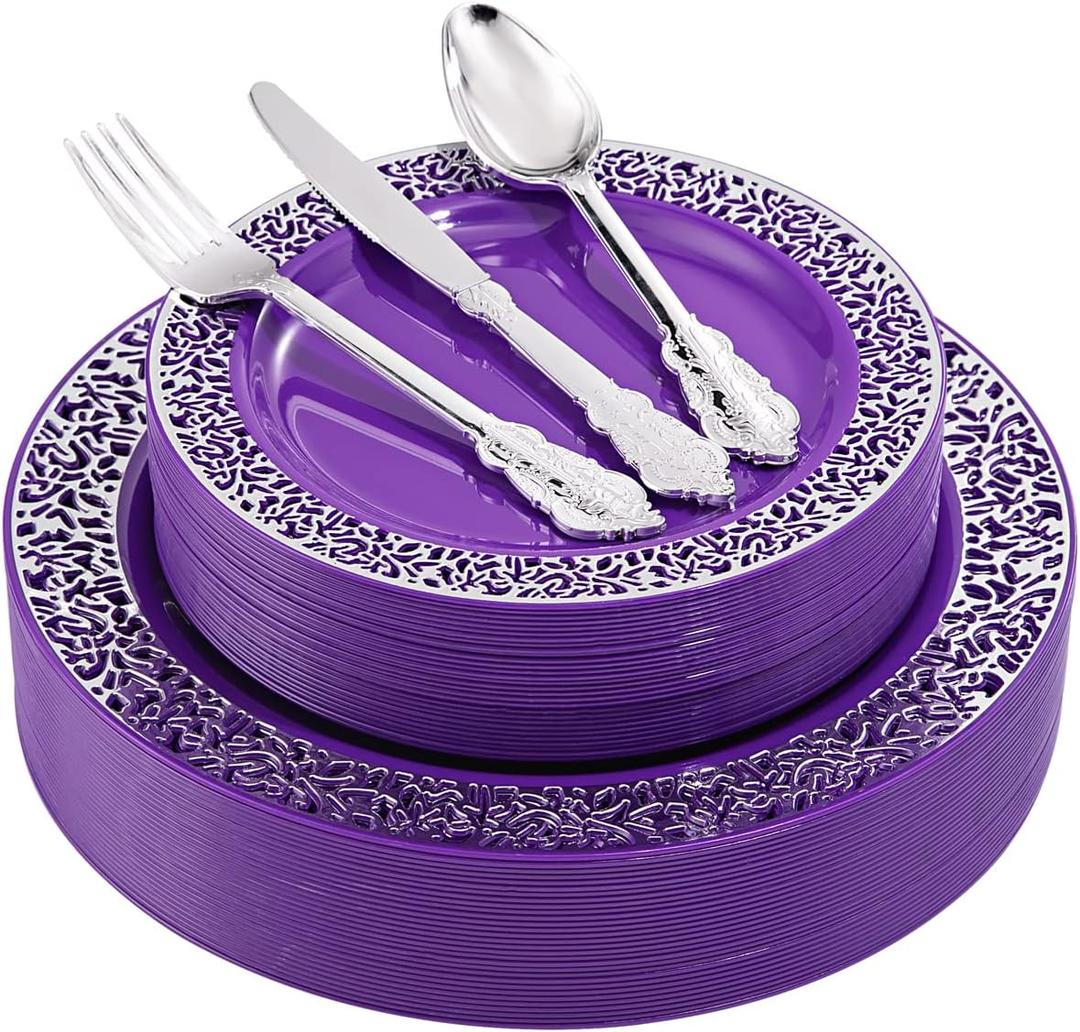 U-QE 150PCS Purple Silver Plastic Plates with Silver Silverware, Silver Party Supplies for 30 Guests Include 30 10.25" and 30 7.5" Plates, 30 Forks, 30 Knives, 30 Spoons