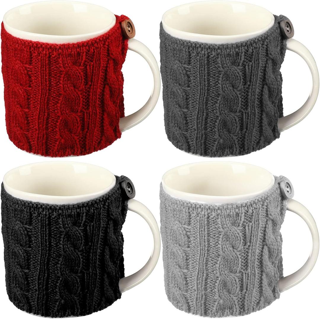 Skyley 4 Pcs Coffee Mug Cozy Sleeve Reusable Knitted Crochet Sleeves Cup Tea Cozy Handmade Tableware Coffee and Tea Mug Warmer for Women Men(Assorted Color)