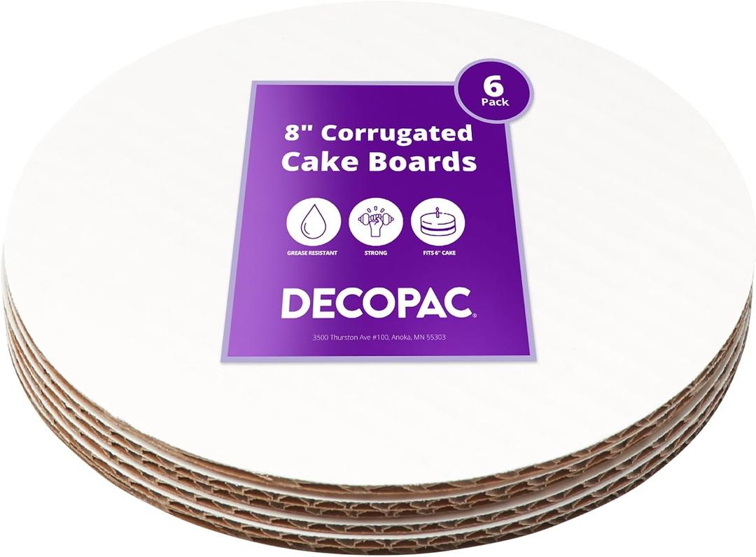 DecoPac Round Cake Board, Waxed Greaseproof finish, Sturdy Corrugated Cake Board, Pack of 6, White - 8 Inch
