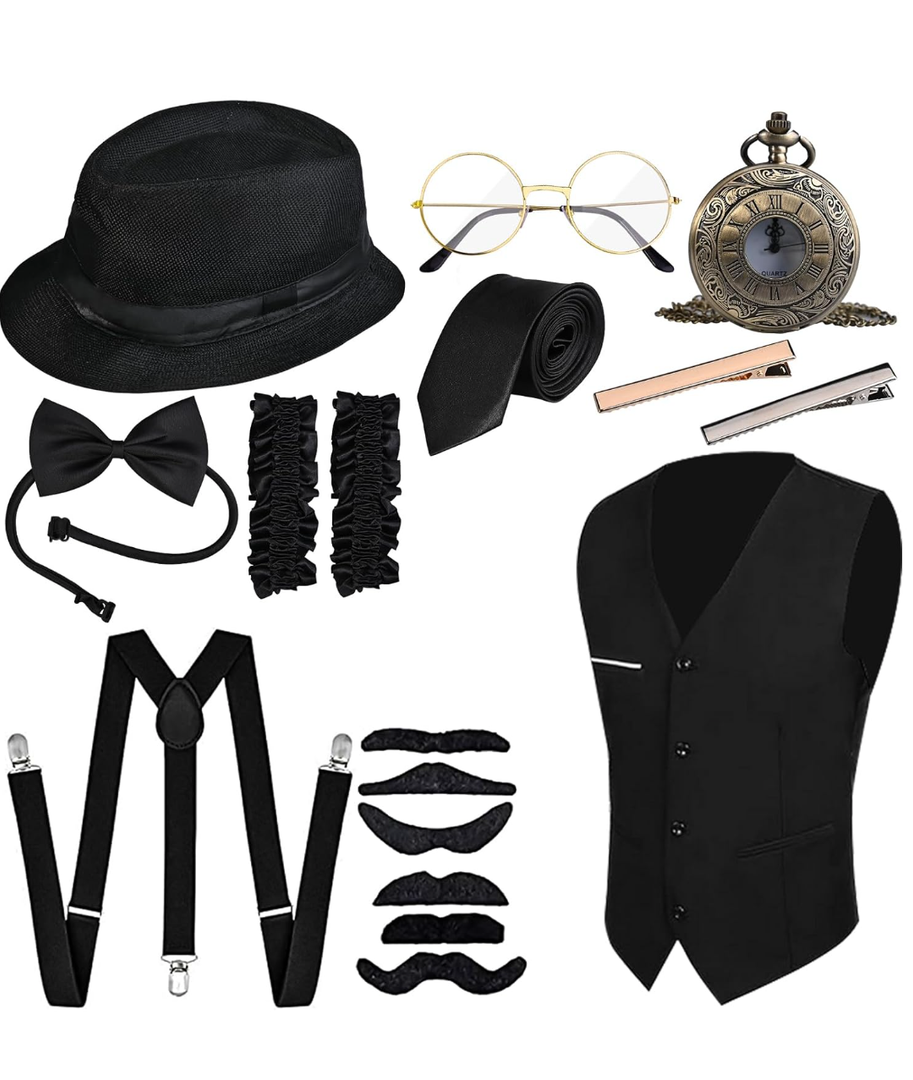 GOLDGE Gatsby-inspired 1920s Men's Costume Set with Gangster Vest, Pocket Watch, Hat, Suspenders Accessories for Halloween Cosplay or Retro Parties, Size XL