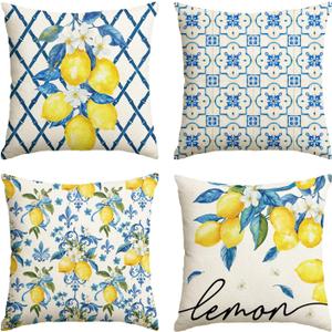 AVOIN colorlife Lemon Summer Throw Pillow Covers, 18 x 18 Inch Bule Diamond Check Bamboo Summer Cushion Case for Sofa Couch Set of 4