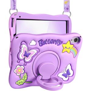 for iPad mini 7 Case A17 Pro 2024, for iPad mini 6th Generation Case 8.3 Inch - Girls Cute Kawaii Girly 3D Purple Butterfly Design Cover with Rotating Stand & Strap Unique Silicone Women Case