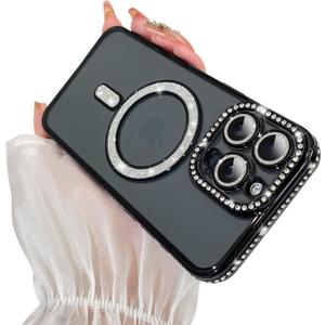 SAKUULO Magnetic Case for iPhone 15 Pro Max 6.7inch Clear Plating,Black | Compatible with MagSafe,Glitter Sparkly Diamonds Rhinestone with Camera Protector Slim Shockproof Protective Women Girls