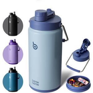 BOTTLE BOTTLE Insulated Water Bottle 64 oz with Straw and Dual-use Lid Half Gallon Water Jug Vacuum Stainless Steel for Workout Sports Insulated Beer Growler with Handle and Pills Holder Blue