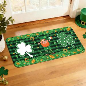 St. Patricks Day Rug Welcome Door mat 17x29 inch, Green Clover Lucky Door Mat for Front Door, Non-Slip Low Profile Indoor Outdoor Entryway Mat, Holiday Seasonal Home Decor