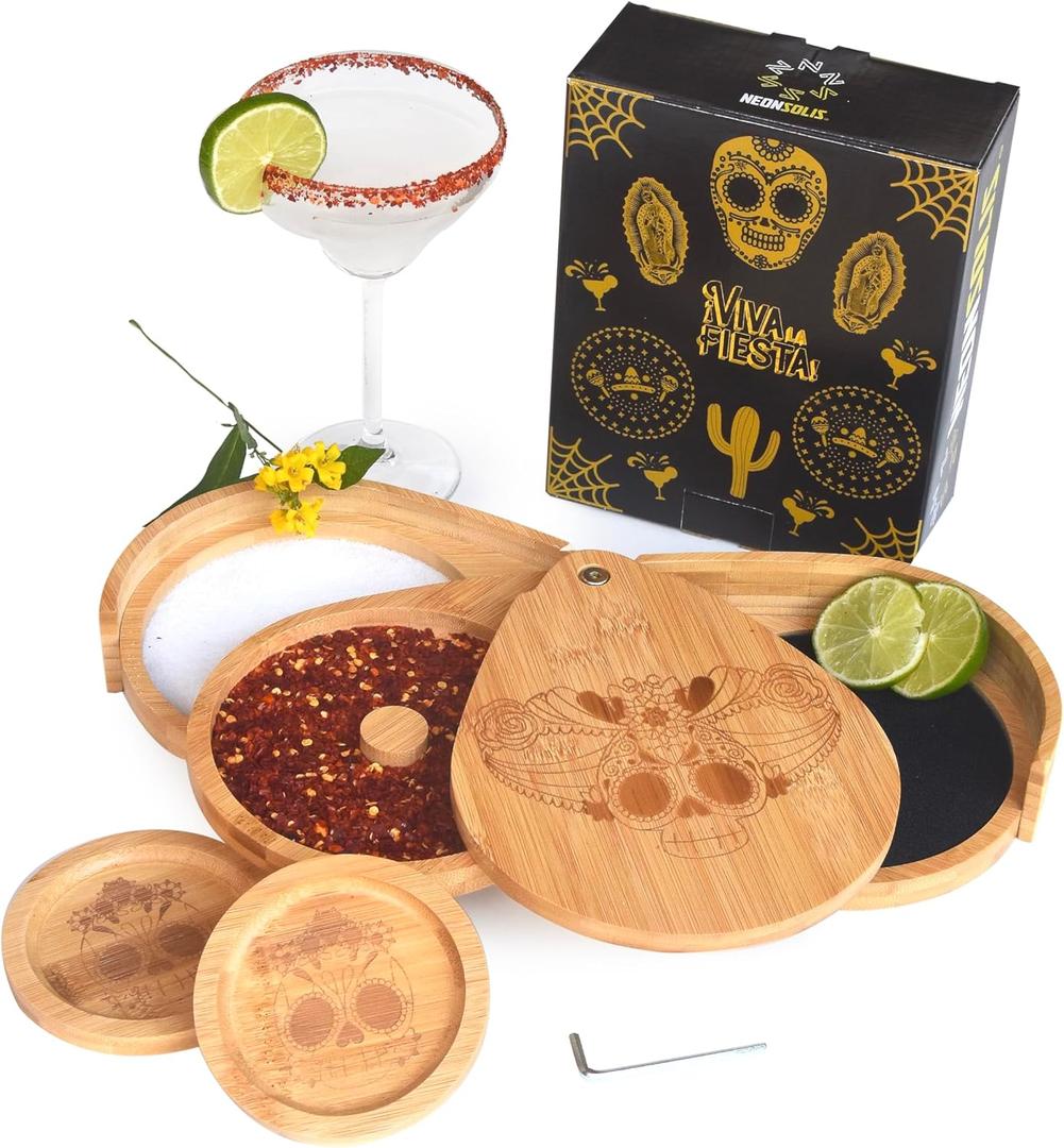 Margarita Salt Rimmer Set  3-Tier Salt Rimmer for Cocktails  Cool Mexican Skull Engraving  Bamboo Wood Bar Salt and Sugar Rimmer  Cocktail Rimmers for Drinks, Party, Home Bar
