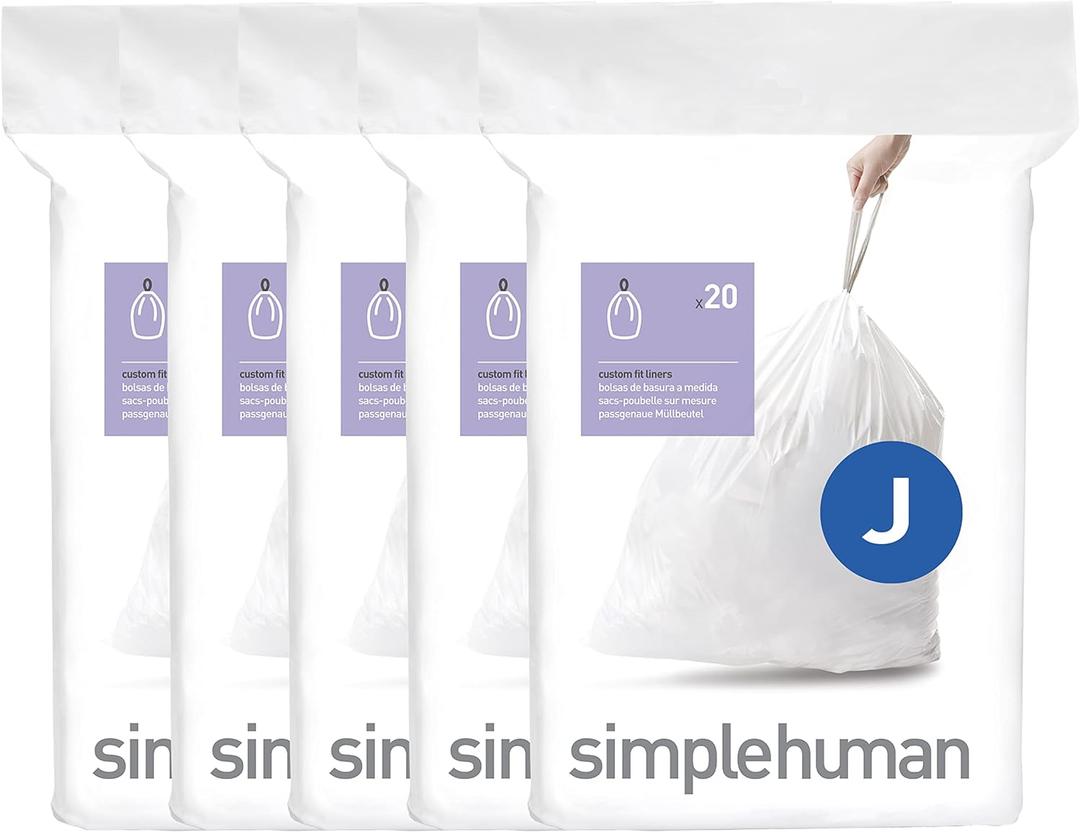 simplehuman Code J 100 Count, Dispenser Pack Custom Fit Liners, Drawstring Trash Bags, 30-45 Liter / 8-12 Gallon, White