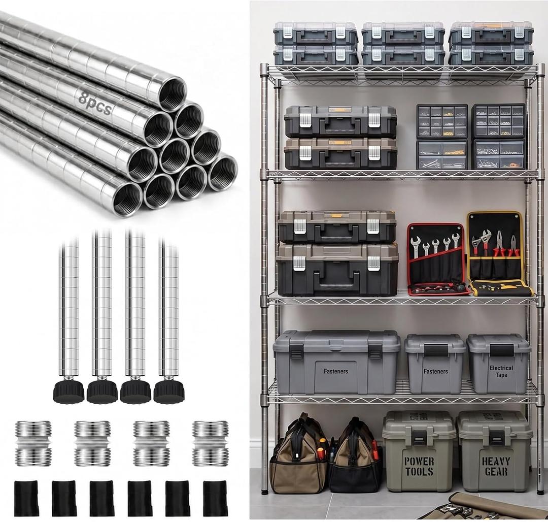 Thyle 4 Pack 74-Inch Wire Shelving Posts with 50 Clip, Chrome Steel, Sliver
Heavy-duty 1-inch chrome steel poles assemble quickly and fit most wire shelving racks for stable, adjustable storage.