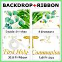 Greenery First Holy Communion Backdrop 7x5ft Polyester First Communion Decorations God Bless Baptism Photo Banner for Boys Girls Newborn Christening Confirmation Backdrop with Ribbon