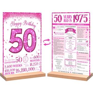 2 x 50th Birthday Party Decorations for Women, Sweet Pink Glitter in 1975 Birthday Decor Poster Acrylic Table Sign, 50th Birthday Party Supplies, Double-Sided