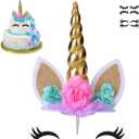 Unicorn Cake Topper,Handmade Party Cake Decoration Supplies with Eyelashes and stack,Reuasble Gold Horn for Birthday Party,Baby Shower, Wedding