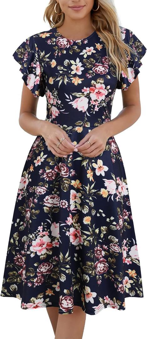 HELYO Women's Semi-Formal Ruffle Sleeves V-Back Work Fit and Flare Cocktail Knee Length Dress with Pockets 842 (Medium)