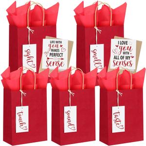 Kolldenn 5 Sense Gift Bags with 5 Sense Tags Wine Red Small Kraft Paper Bag Five Senses Gift Bags with Tissue Paper Greeting Card for Birthday Gifts Him Her Wedding Mothers Day Party, 6 x 3.2 x 8.3 In