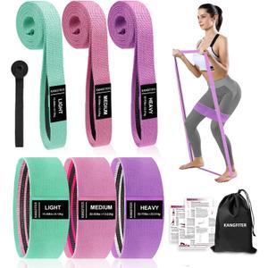 KANGFITER Long and Short Fabric Resistance Bands with Door Anchor, Non-Slip Stretch Booty Bands for Working Out Women & Men, Loop Exercise Elastic Bands for Home Physical Therapy Yoga Pilates