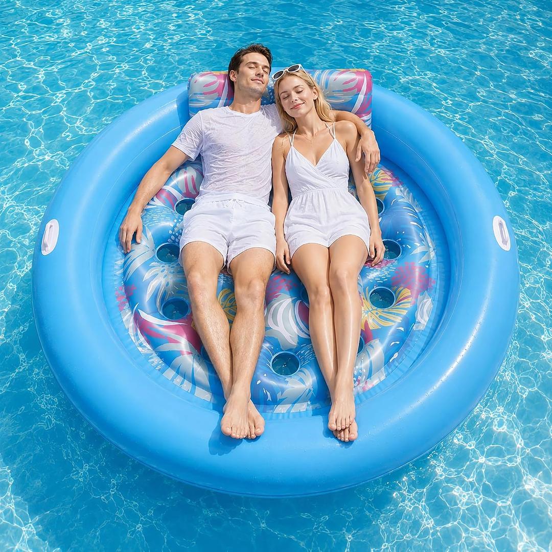 Pool Floats Adult Heavy Duty, OKSUWATER 75" x 75" Giant Inflatable Pool Float with Removable Pillow & Handles, Tanning Pool Lounger Floaties Bed for Swimming Pool Beach Outdoor Summer Party (Blue-XL), X-Large