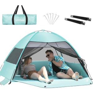Large Easy Setup Beach Tent,Anti-UV Beach Shade Beach Canopy Tent Sun Shade with Extended Floor & 3 Mesh Roll Up Windows Fits 3-4 Person,Portable Shade Tent for Outdoor Camping Fishing (Mint Green)