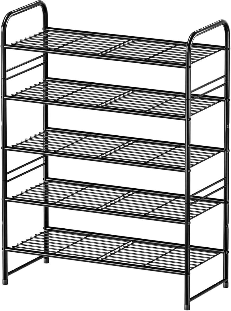 Shoe Rack, 5-Tier Metal Shoe Shelf Storage Organizer for Closet, Entryway, Stackable Black