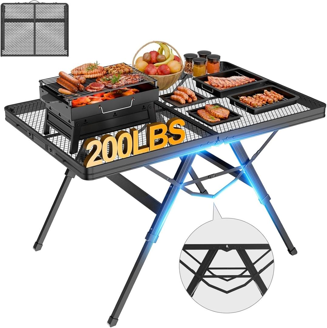 WildFinder 3 FT Folding Grill Table, Portable Camping Table for Outside, 3 Adjustable Height Folding Table with Desktop, Lightweight Outdoor, Camping, Picnic, BBQ, 3x2FT