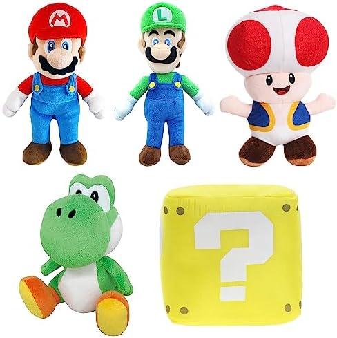 Qabfwe Mario All Star Collection Plushies, Mario and Luigi Stuffed Plush Toys, Yoshi, Toad and Coin Box Plushies, Set of 5 Dolls 9.8 3 Pack