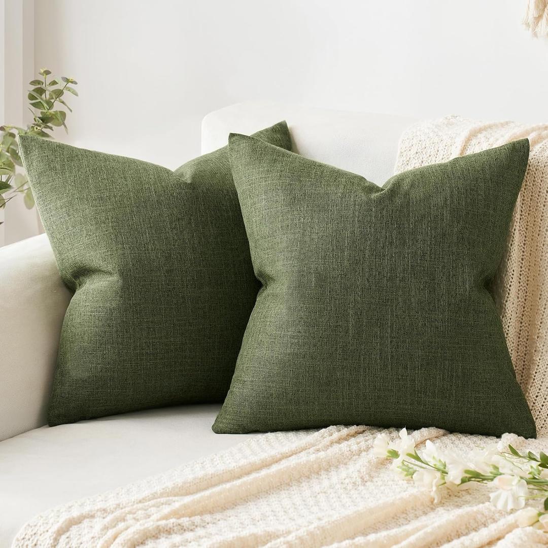 MIULEE Pack of 2 Decorative Linen Burlap Pillow Covers Spring Farmhouse Boho Accent Pillowcases for Sofa Car Couch Bedroom Living Room Decor 18x18 Inch Dark Olive Green