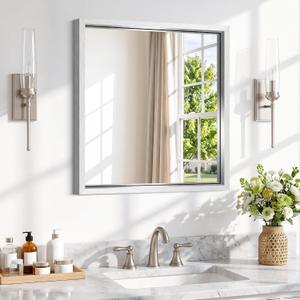 COFENY Bathroom Mirror, 24x24 Brushed Silver Square Mirrors, Thickened Deep Metal Frame Small Bathroom Vanity Mirrors for Over Sink, Bedroom, Entryway, HD Tempered Glass, Horizontally or Vertically