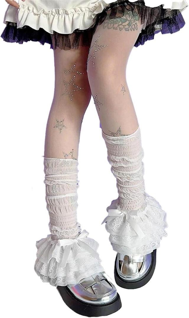 CAT KO Women Y2K Japanese Leg Warmers Fashion Lace Bow Loose High Socks Student Heap Socks for lolita (White)