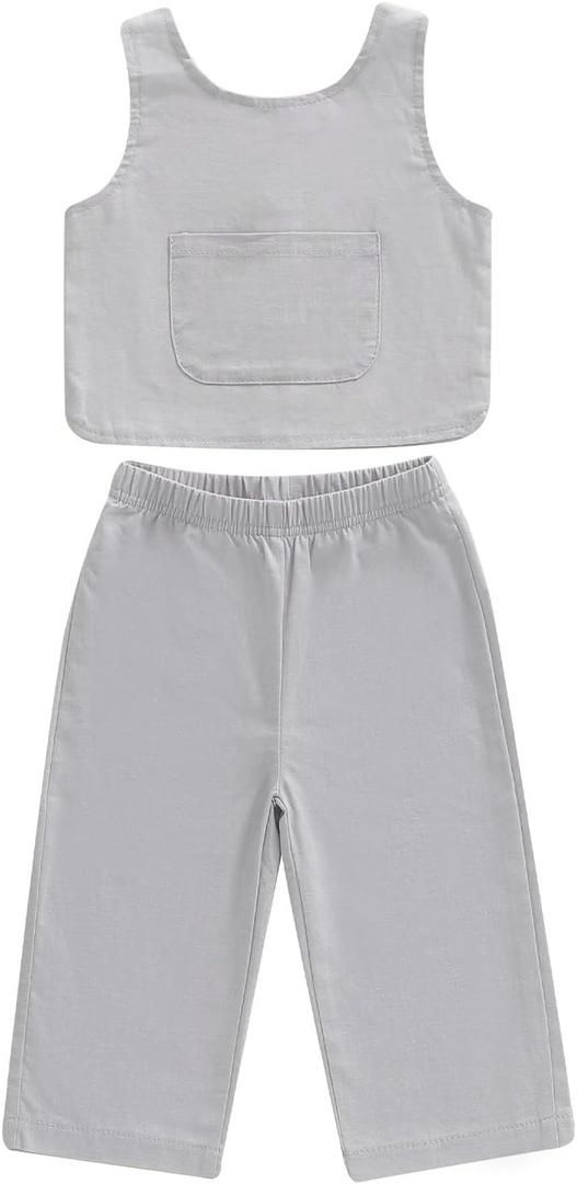 Douhoow Toddler Baby Girl Outfits Sleeveless Round Neck Baby Tank Tops Pants Boys Girls Summer Clothes (Gray)