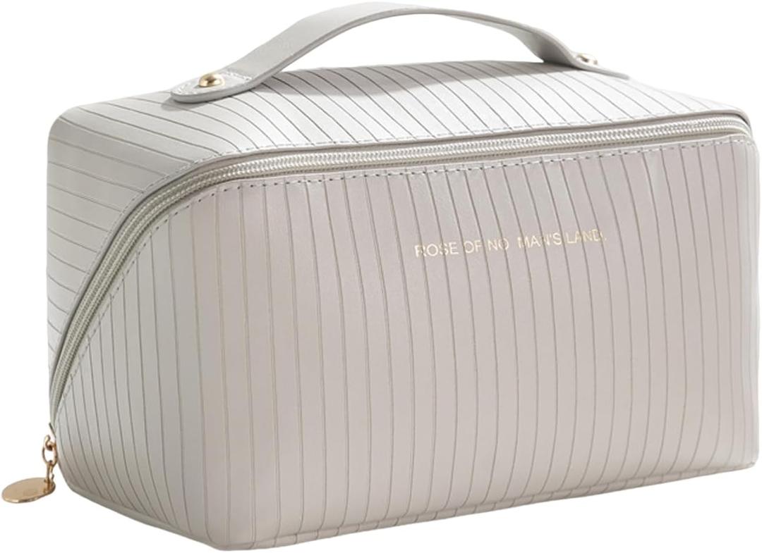 Travel Toiletry Bag Makeup Bag, Water-Resistent Cosmetic Bags for Women, Portable Pouch Open Flat Make Up Organizer Case, Cosmetic Bags, Grey Striped