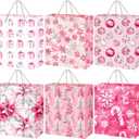 Hillban 12 Pcs Pink Christmas Medium Gift Bags with Ribbon Handles Christmas Holiday Goody Treat Bags Bulk with Xmas Prints for Xmas New Year Winter Party, 9 x 7 x 4 in