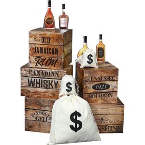 Marsui 13 Pcs Roaring 20s Party Decorations Photo Backdrop Speakeasy Decor Including 5 Wood Grain Boxes 4 Whiskey Bottle Cardboards and 4 Dollar Sacks for Retro Jazz Twenties 1920 Party (Dark Color)
