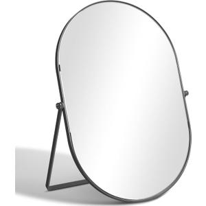 Vanity Desk Table Mirror, Adjustable Rotation Oval Tabletop Standing Makeup Mirror with Metal Framed for Living Room, Bedroom, Bathroom, Dark Grey