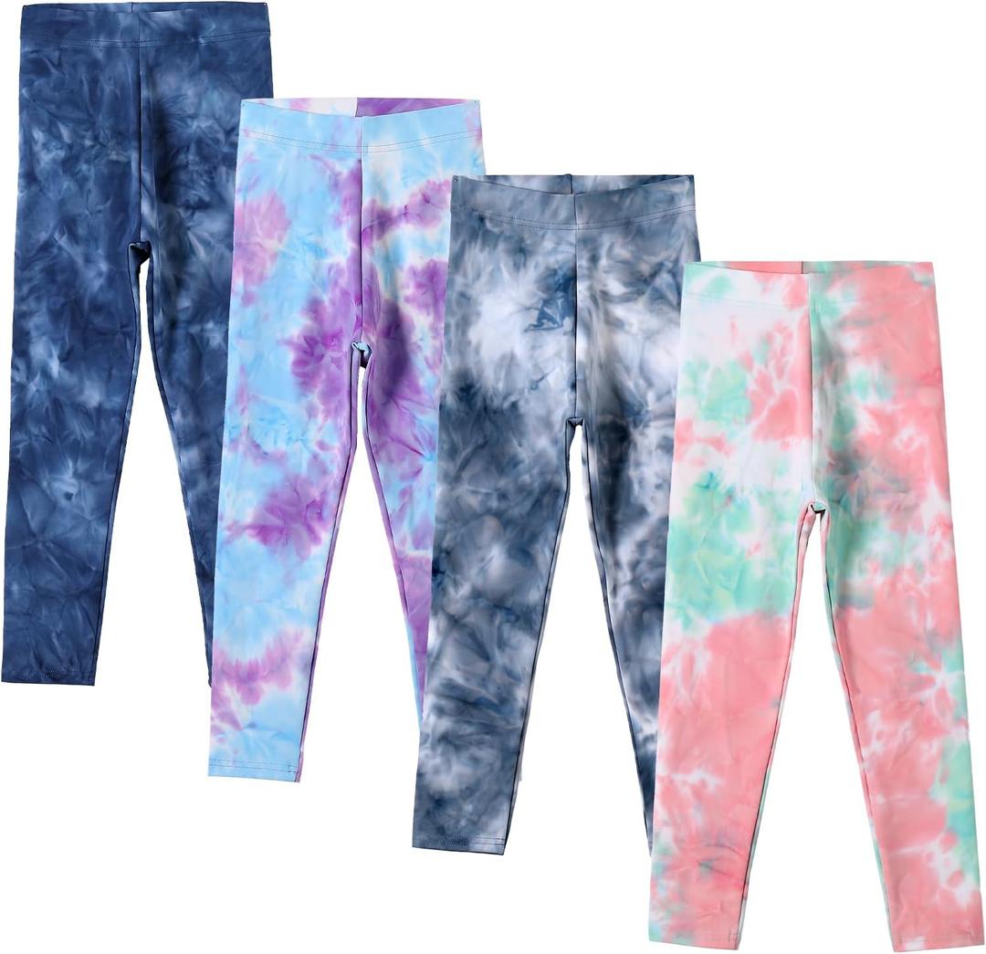 4 Pack Girls Printed Leggings Soft Yoga Pants Kids Tie-Dye Leggings (8-10 Years, Multicolor 1)