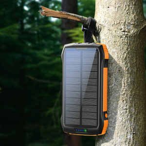 Solar Power Bank with 2 USB-A Ports Plus USB-C and Micro-USB Charging Ports, 15,000 mAh Capacity, Includes Compass and Dual LED Flashlights, Ideal for Camping, Hiking, and More