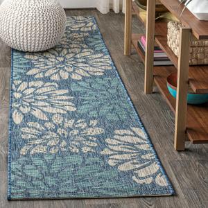 JONATHAN Y Floral Textured Weave Indoor Outdoor Runner Rug 2X8 Navy/Aqua, Zinnia Modern for Backyard, Patio, Porch, Easy-Cleaning, High Traffic, Pet-Friendly, Non-Shedding (SMB110C-28)