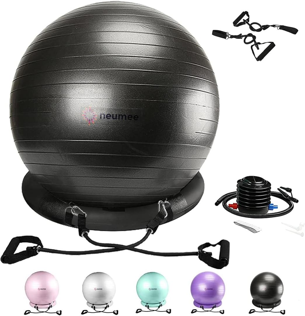 Exercise Ball Chair with Resistance Bands, Yoga Ball Office Chair with Stability Base for Home Gym, Workout Ball for Fitness, Large Size 65 cm (Black)