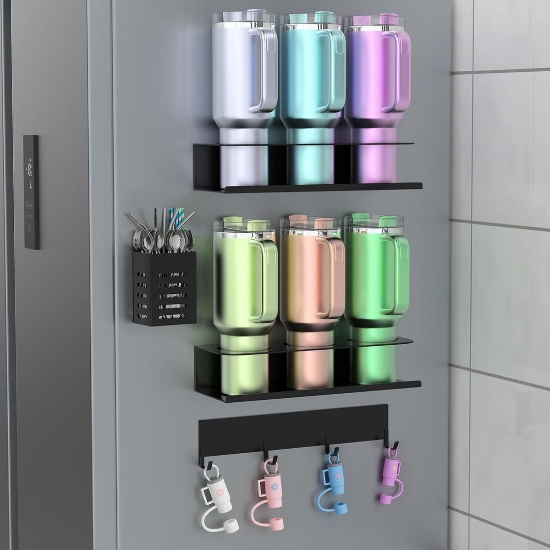 POLRAI 4 Pack Magnetic Cup Holder for Refrigerator, Water Bottle Organizer for Stanley and Tumbler, Accessory with Lid Hook Straw Holder and Double Sided Tape for Kitchen Fridge Cabinet