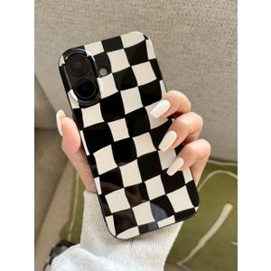 Jusnfu for iPhone 13 Pro Max Case 6.7 Inch, Trendy Checkered Aesthetic Cute Girly Design for Women & Girls, Checkerboard Pattern Phone Case, Slim Fit Silicone Protective Cover, Black and White