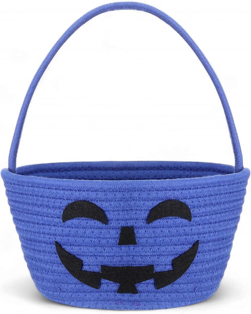 Roshtia Halloween Basket Trick-or-Treat Candy Bucket Cute Smile Pumpkin Cotton Rope Woven Pails with Handle Boo Spooky Small Bucket for Gift Baskets Empty(Blue) Roshtia Halloween Basket Trick-or-Treat Candy Bucket Cute Smile Pumpkin Cotton Rope Woven Pails with Handle Boo Spooky Small Bucket for Gift Baskets Empty(Blue)