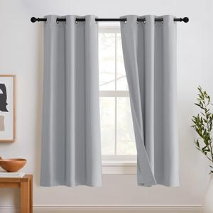 RYB HOME Short Kitchen Curtains, Blackout Curtains with Felt Fabtic Liner for Sound Absorbing, Thick Thermal Insulated Small Window Drapes for Bedroom Bathroom, 42 x 45 inch, Sliver Grey, Set of 2