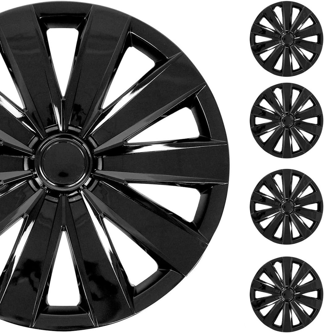 OMAC - ABS Black Hub Caps 16 Inch Set of 4, Tapas para Rines 16, Premium Wheel Covers 16 Inch, R16 Rim Cover Set, Snap On Durable Car Replacement Exterior Accessories
