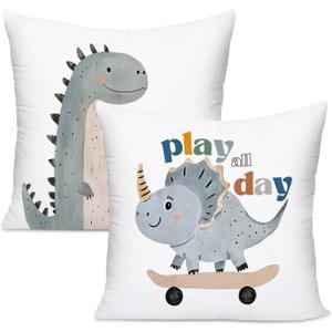 Dinosaur Pillow Case, Dream Big Dinosaur Dino Throw Pillows Cover Cushion Cases Decor for Kids Toddler Girls Boys Room Bed Nursery 18x18 Inches Set of 2