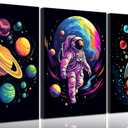 3pcs Nursery Astronaut Canvas Wall Art Abstract Colorful Galaxy Spaceman Paintings Pictures Wall Decor Planets Cosmos Rocket Posters Prints Artwork for Boys Room Kids Room Classroom Home Decoration.