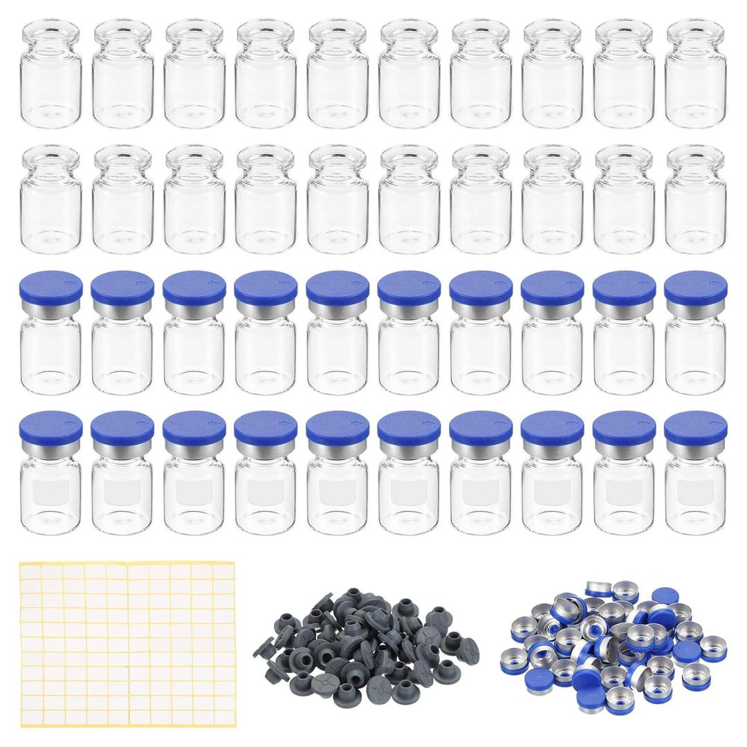 PATIKIL 5ml Sample Vials, 100 Pack Lab Empty Vials with Butyl Rubber Stopper Crimp Top Caps and Labels Borosilicate Glass Vial, Clear