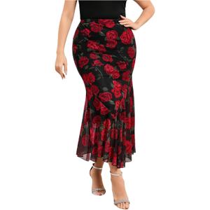 WDIRARA Women's Plus Size Floral Ruffle Hem Bodycon Midi Skirt Elastic Waist Fishtail Skirts
