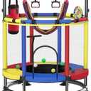 Trampoline for Kids, Full Anti-Rust 440lbs Anti-Rollover Round Bottom Toddler Trampoline, T-handrail Adjustable Baby Toddler Trampolines Dart Board, A2-Dark Red Yellow Blue