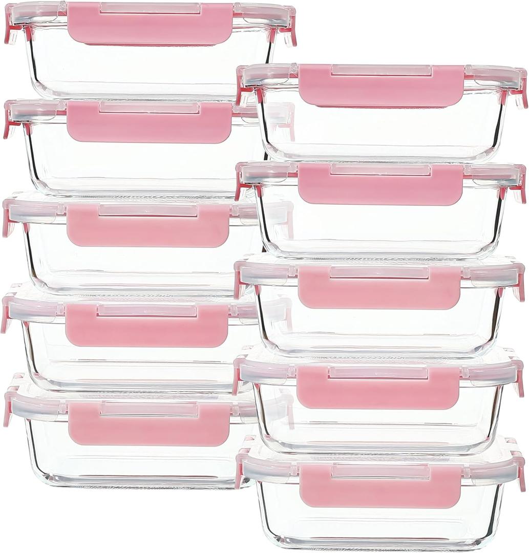 Glass Food Storage Containers 10 Pack - 22Oz Meal Prep Container Set with Lid, Airtight Snap Lock, Microwave Freezer Oven Dishwasher Safe, Lunch Box for Work, Pink