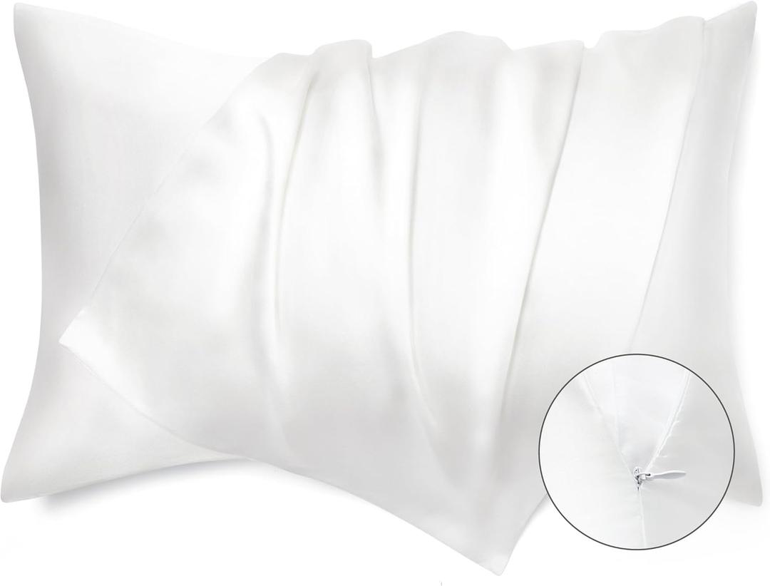 Bedsure Satin Pillowcase with Zipper, Similar to Silk Pillow Cases 2 Pack, White Satin Pillow Cases Queen Size Set of 2, Silky & Soft Pillow Covers for Hair & Skin, Gifts for Women Men, 20x30 Inches