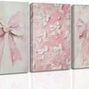 3Pcs Trendy Pink Bow Canvas Wall Art Vintage Cute Preppy Watercolor Bow Painting Pictures Wall Decor Posters Prints Girly Aesthetic for College Apartment Bedroom Decoration